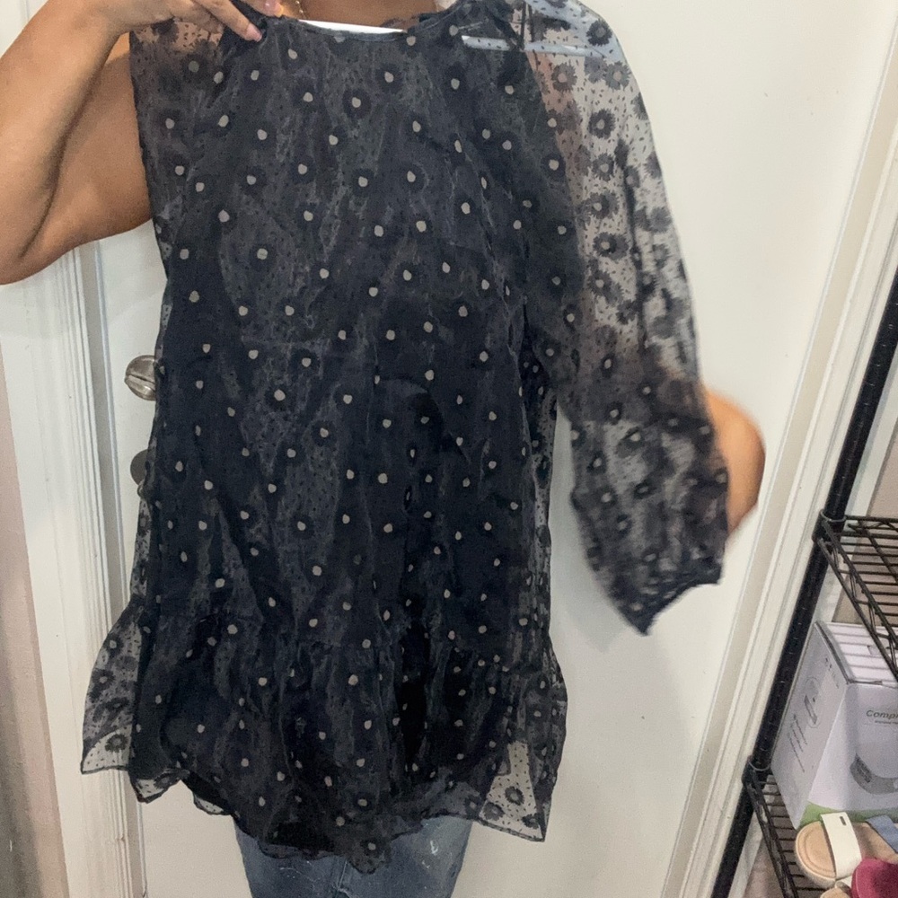 Zara Black Sheer Polka Dot Blouse